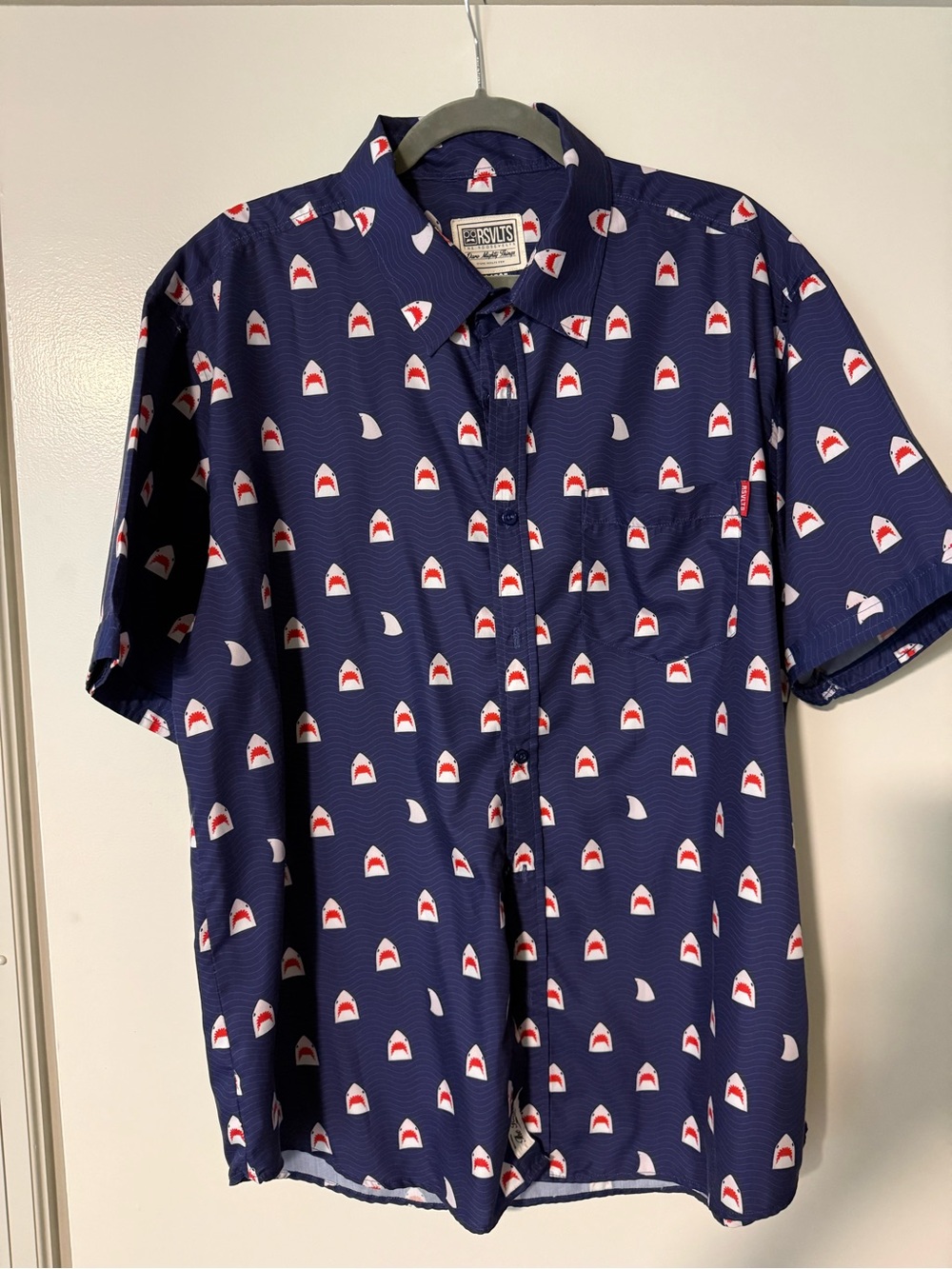 RSVLTS Navy Short-Sleeve Button-Up with Red & White Shark Motif